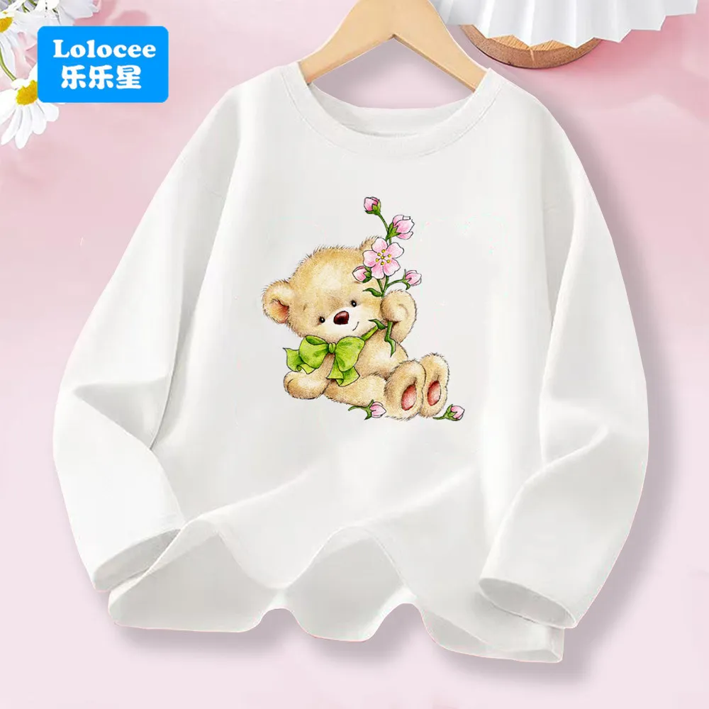 Girls' Spring Autumn Long Sleeve T-shirt- Cute Bear with Flowers Print Kids Top Soft Cotton Clothes