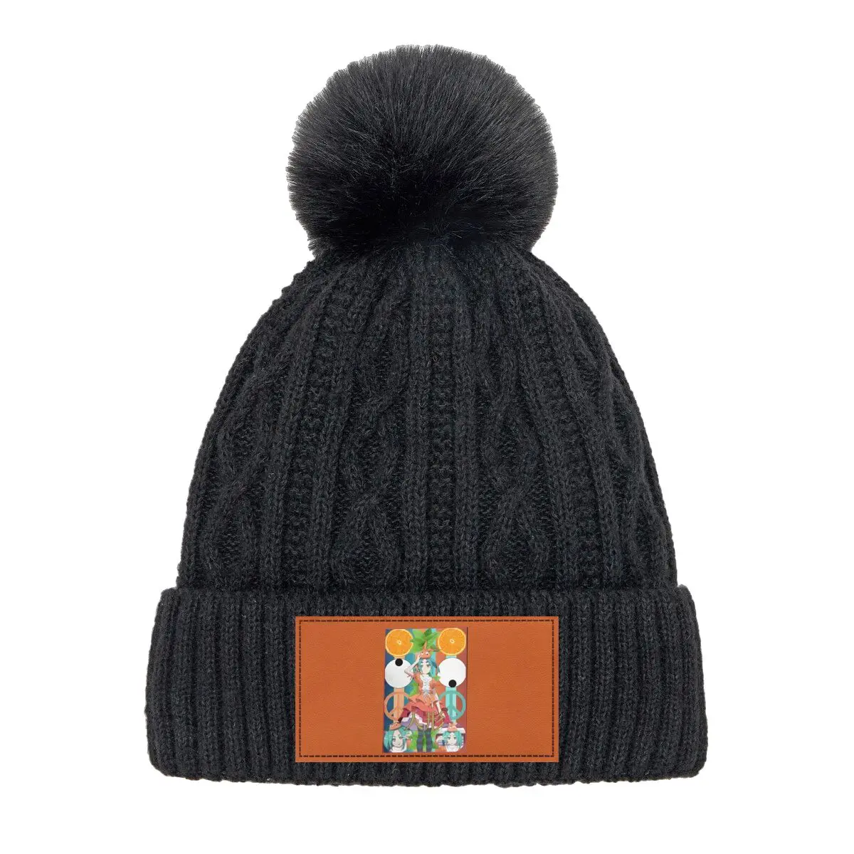 Gorros de punto con pompón de piel gruesa para mujer, gorros de felpa con diseño artístico de chica de Anime Retro, invierno