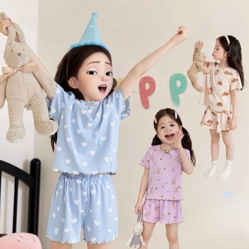 Conjunto de Pijamas de Verano para Mujer, Diseño de Dibujos Animados, Tres Colores, Manga Corta, Estilo Informal y Lindo