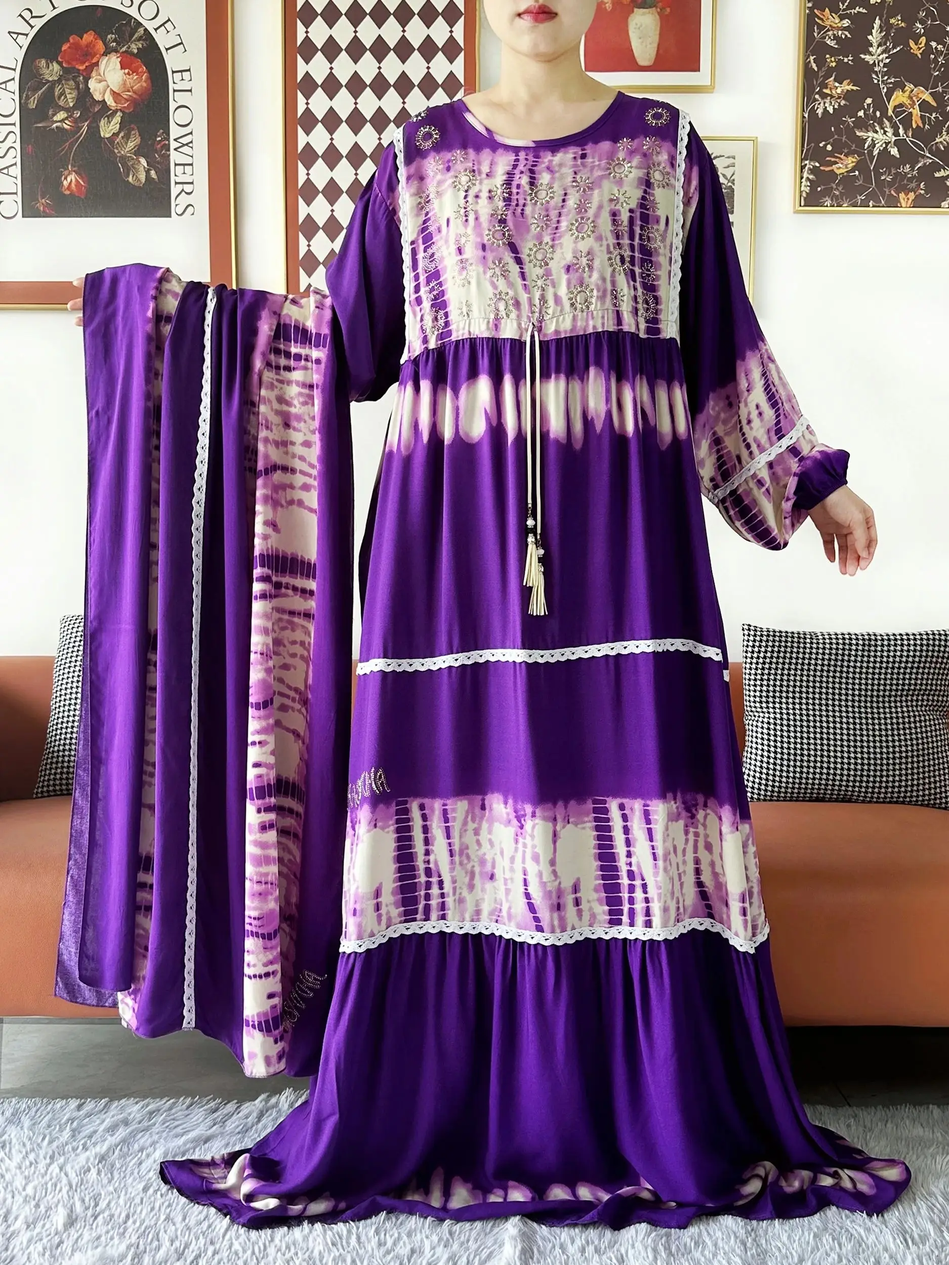 High Grade Design Dubai Frauen Abaya Langarm Herbst Kleid Baumwolle Mit Großen Schal Boubou Maxi Islam Frauen Kleid Afrikanische Abaya