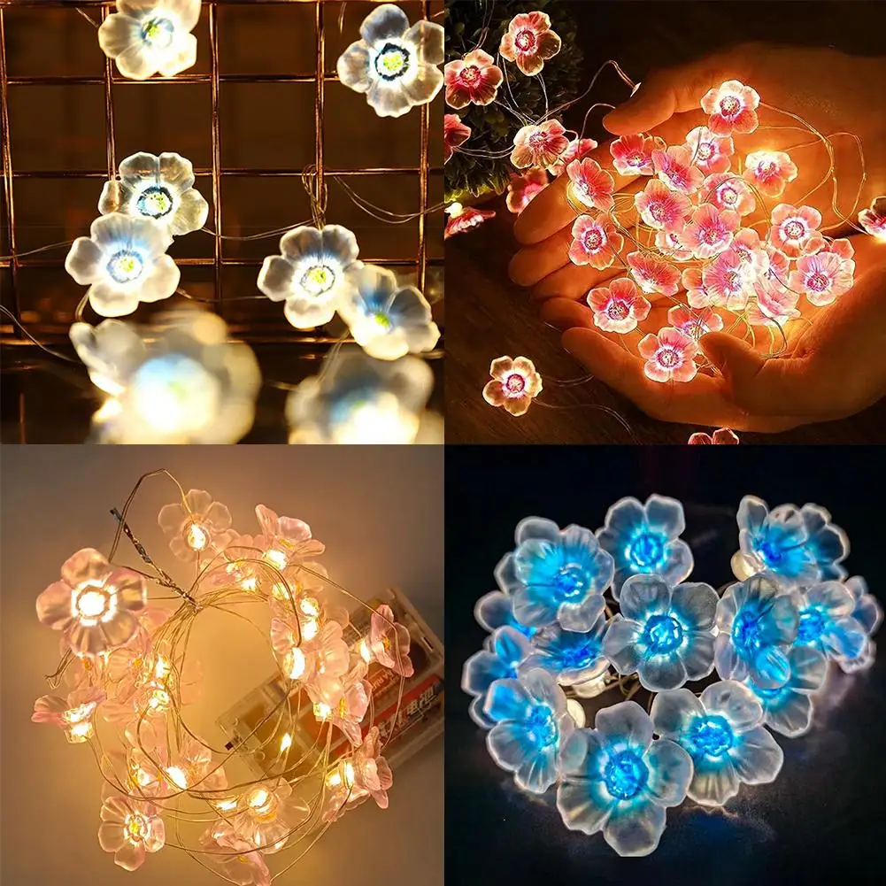 Cadena de luces de hadas de flores, lámparas de cadena de flores rosas, alimentadas por batería, decoración de guirnalda de Navidad al aire libre