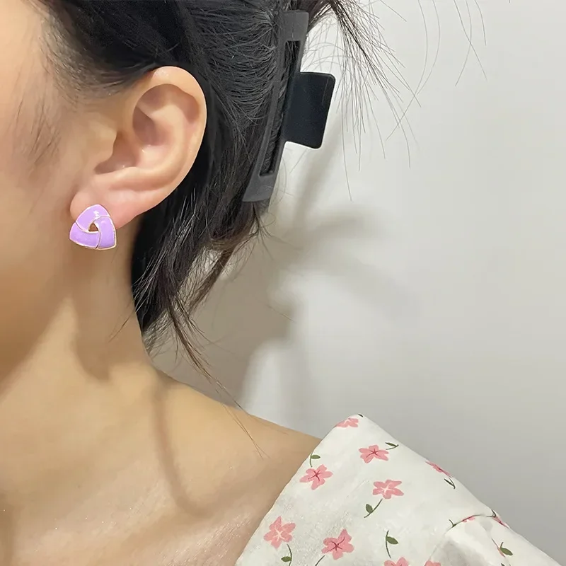 Korean Style Triangle Stud Earring for Women Temperament Simple Purple Enamel Geometric Wedding Ear Jewelry Brincos Girl Gift