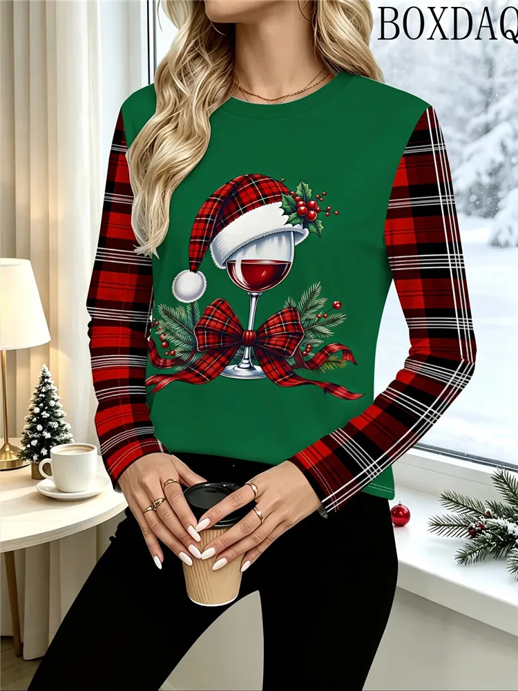 2026 Long Sleeved Round Neck Women's T-Shirt Fashionable Street Women's Top Loose Christmas Theme Printed Casual Autumn T-shirt