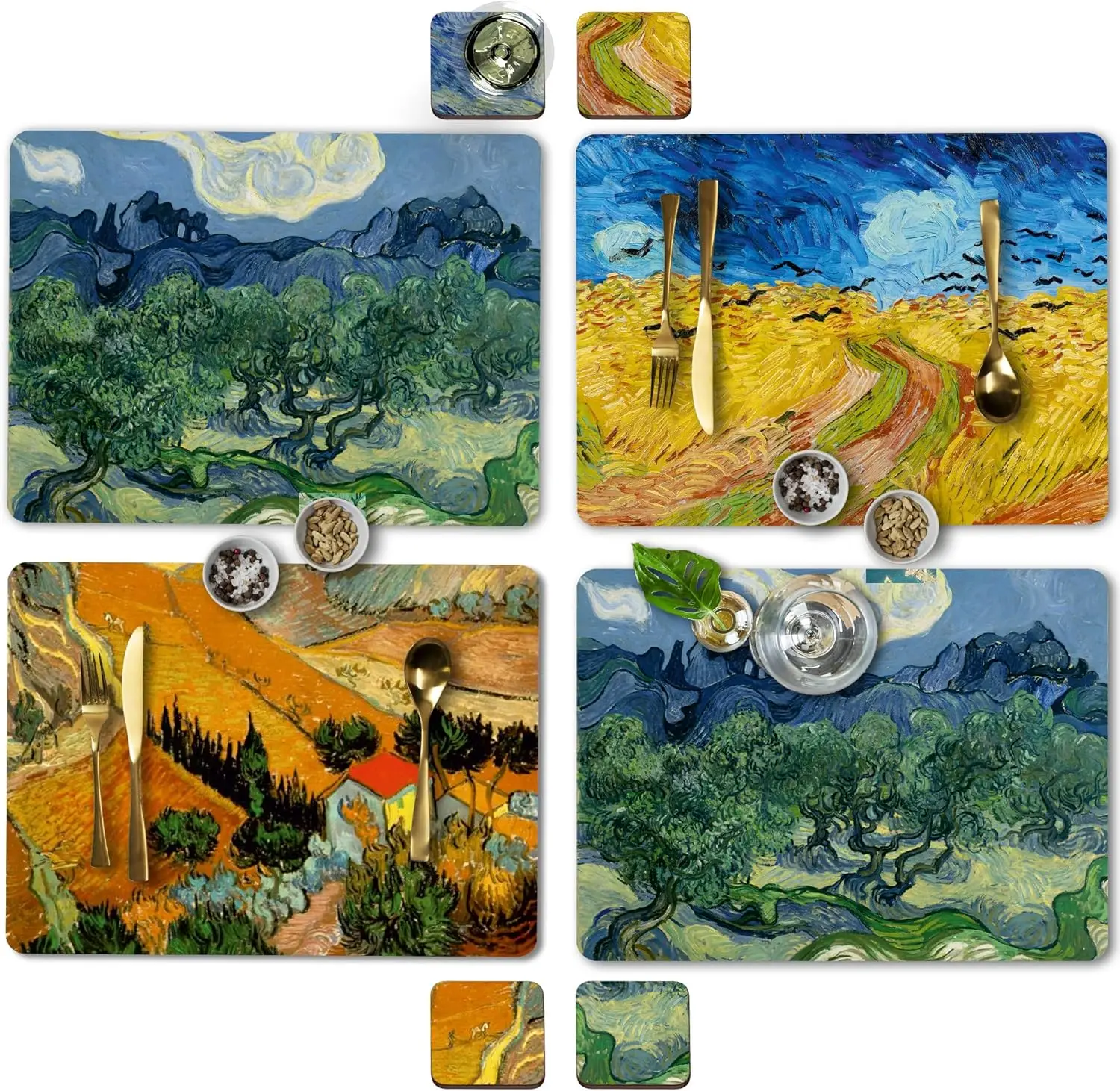 

Набор из 4 термостойких пробковых подставок с бесплатными подставками для стаканов, дизайн в стиле Ван Гога, 16x12 дюймов
