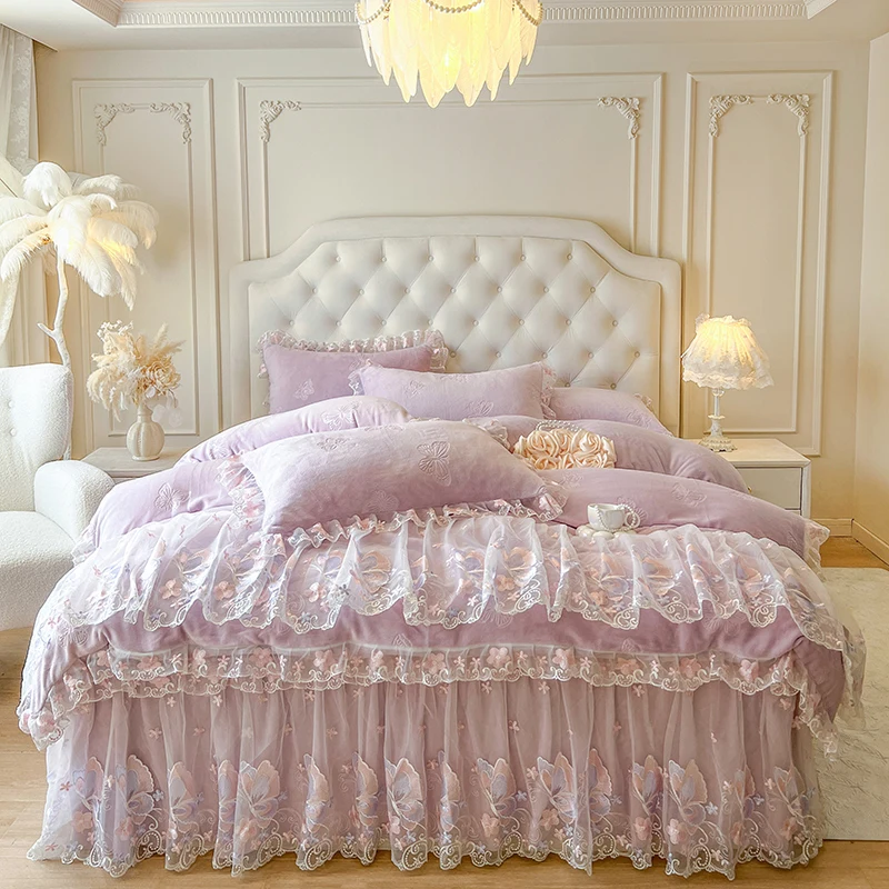 Butterfly Embroidery Lace Ruffles Carved Velvet Winter Thickened Bedding Set Duvet Cover Bed Skirt Bedspread Pillowcases 4Pcs