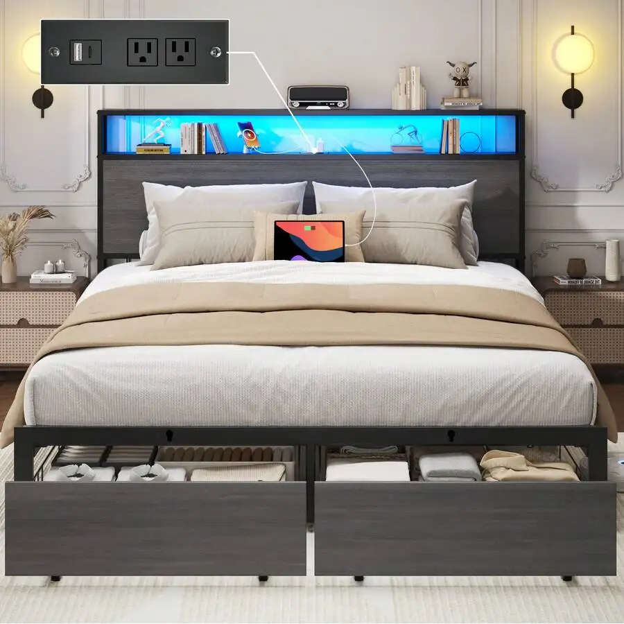 Queen & Full Bed Frame With Storage, 2-Tier Storage Headboard & Built-In Drawers, Metal Platform Bed With USB Charging Station & LED Lights, Noise Free, No Box Spring Needed, Easy Assembly,Rustic Grey