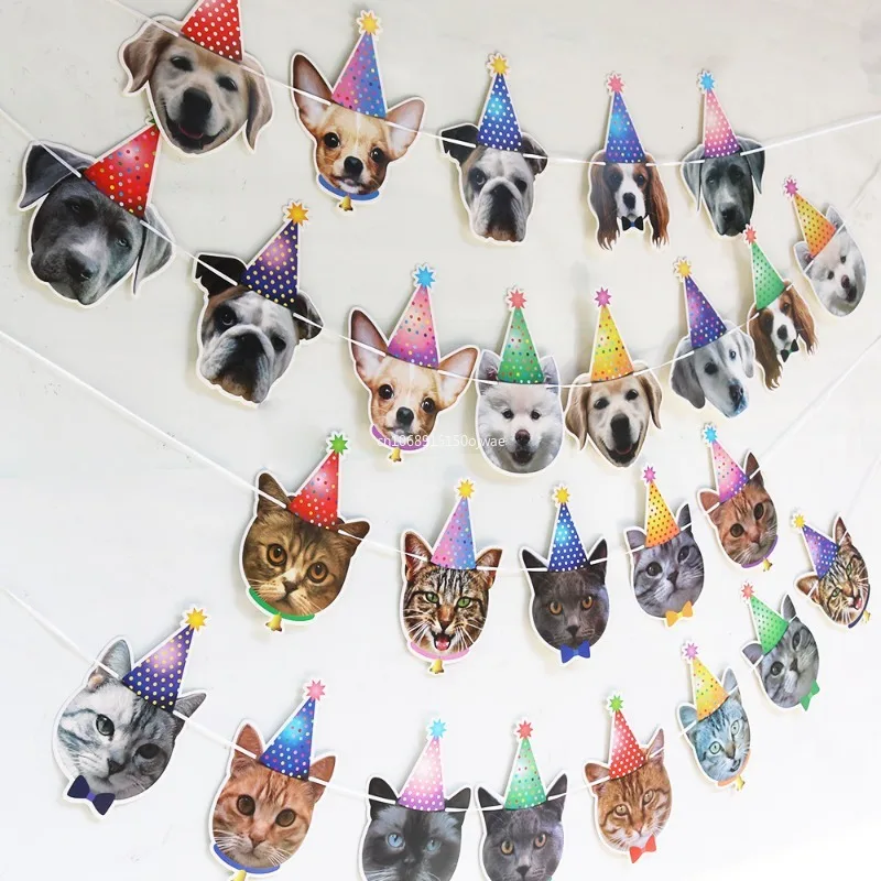 1pcs Cat Dog Paper Banner Pet Happy Birthday Bunting Garland Decoration Cartoon Animal Dog Cat Theme Birthday Party Supplies