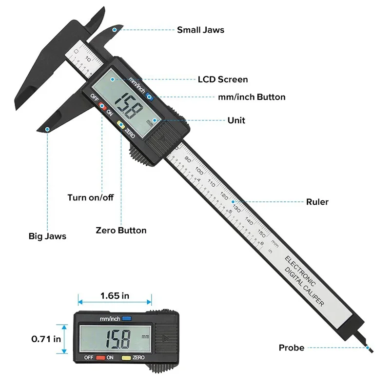 100/150mm elektryczna suwmiarka cyfrowa z włókna węglowego Dial Vernier suwmiarka pomiar mikrometryczny narzędzie cyfrowe linijka