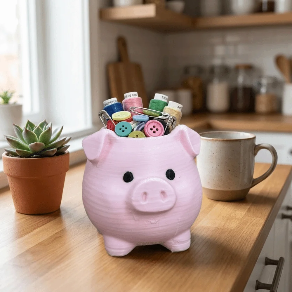 3D Printed Pig Pen Holder Cartoon Plastic Makeup Brush Holder Pig Figurine Animal Shaped Desktop Organizer Office Decor