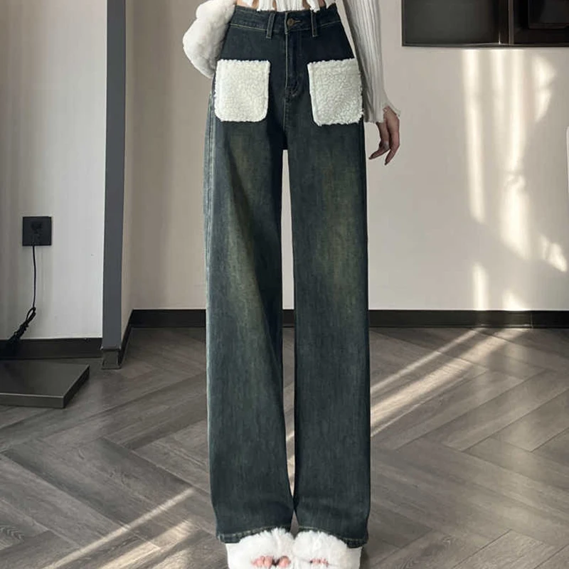 

Women's Add Velvet Jeans Winter Lamb Wool Splice Pockets Straight Trousers Ladies High Waist Wide Leg Warm Denim Pants