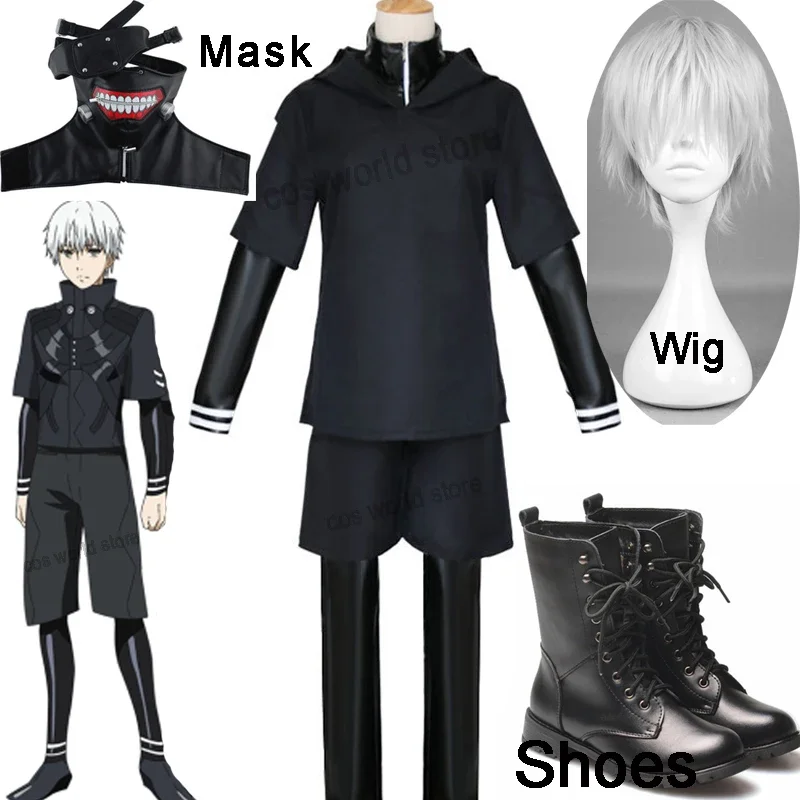 Anime Tokyo Ghoul Kaneki Ken Costume Cosplay Uniforme da combattimento in pelle nera Halooween Party Roal Gioca Maschera Parrucca Scarpe per adulti ​ Abiti