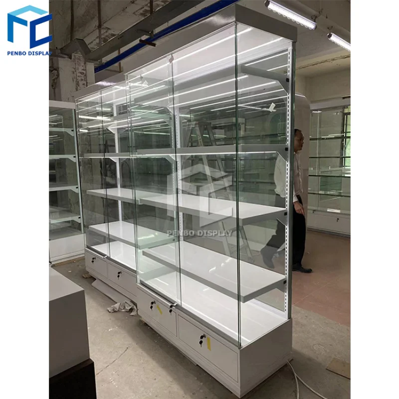 2025customized. retail store LED illuminated lockable opening by tempered glass display showcase display cabinet with lights