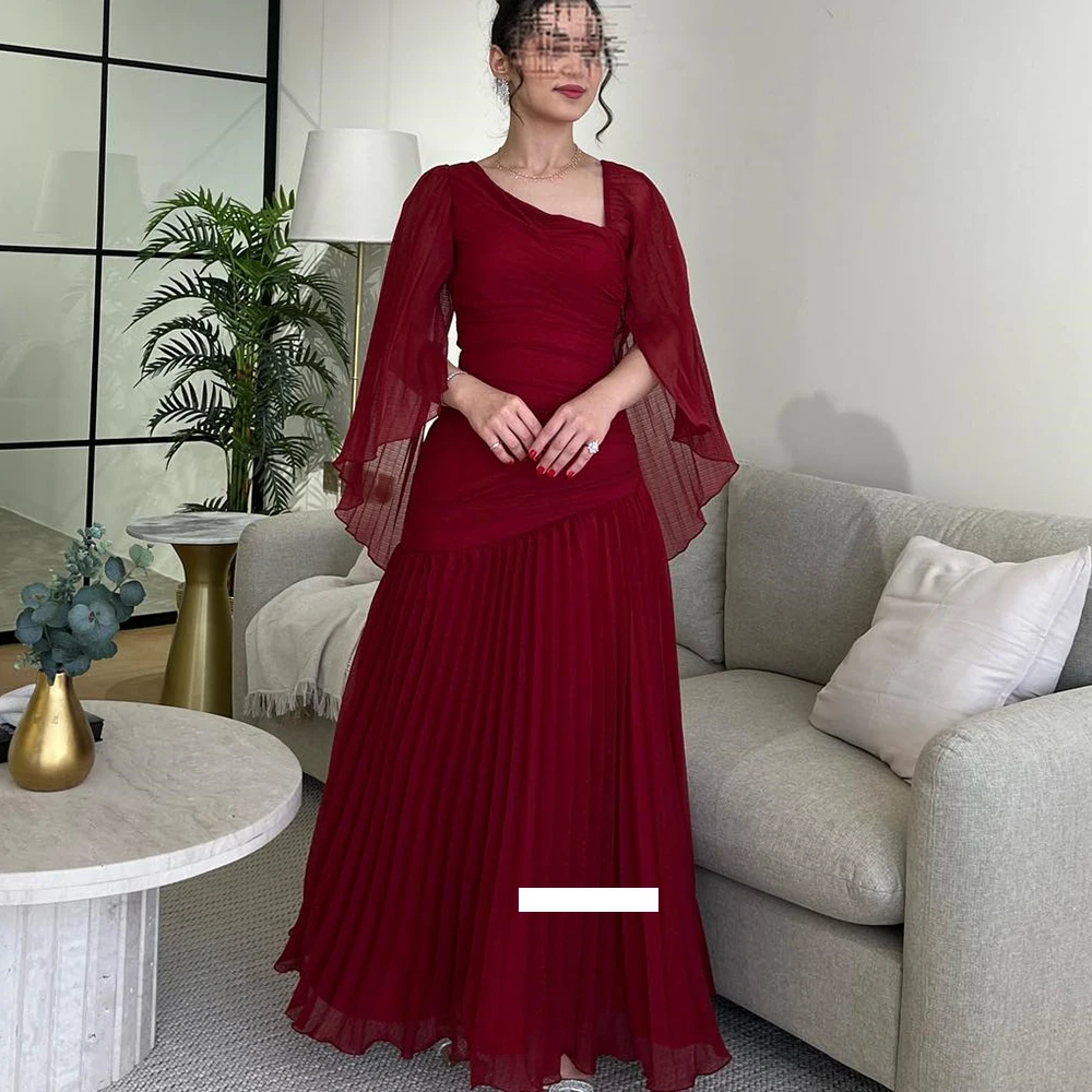 

Burgundy Straight Ankle Length V Neck Chiffon Long Sleeves Saudi Evening Dresses Elegant Pleats Bespoke Occasion Gowns Formal