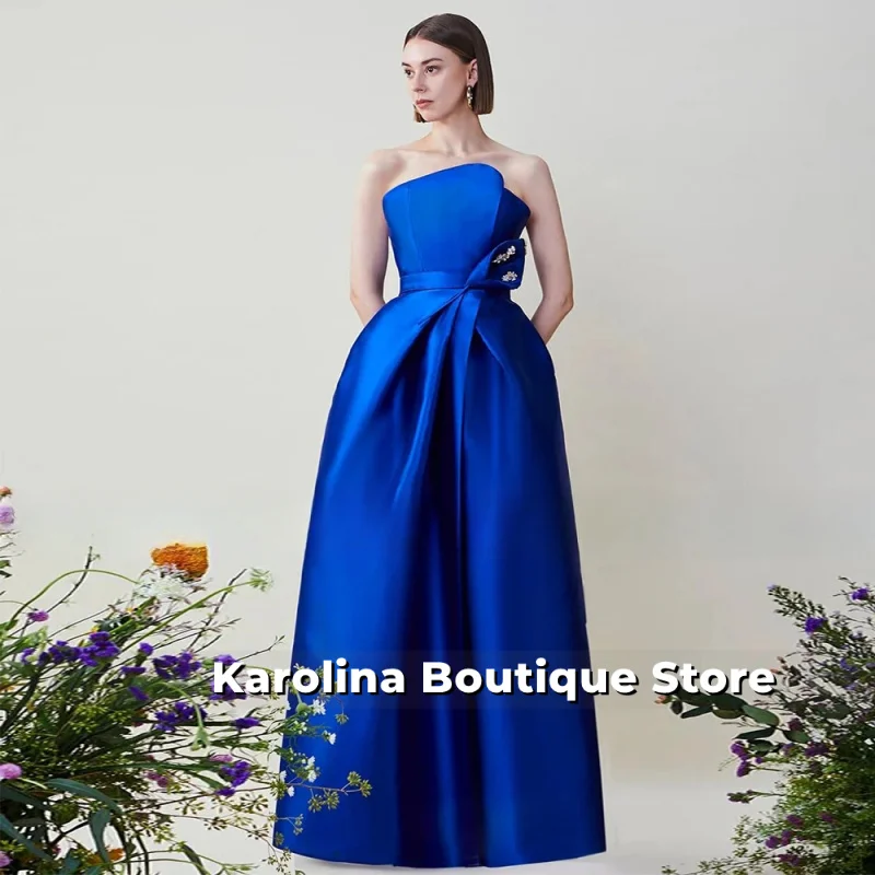 ชุดราตรีหรูหรา สีน้ำเงินอ่อน ผ้าซาติน จับจีบ ประดับคริสตัล ทรงเอไลน์ สายเดี่ยว สำหรับงานเลี้ยง