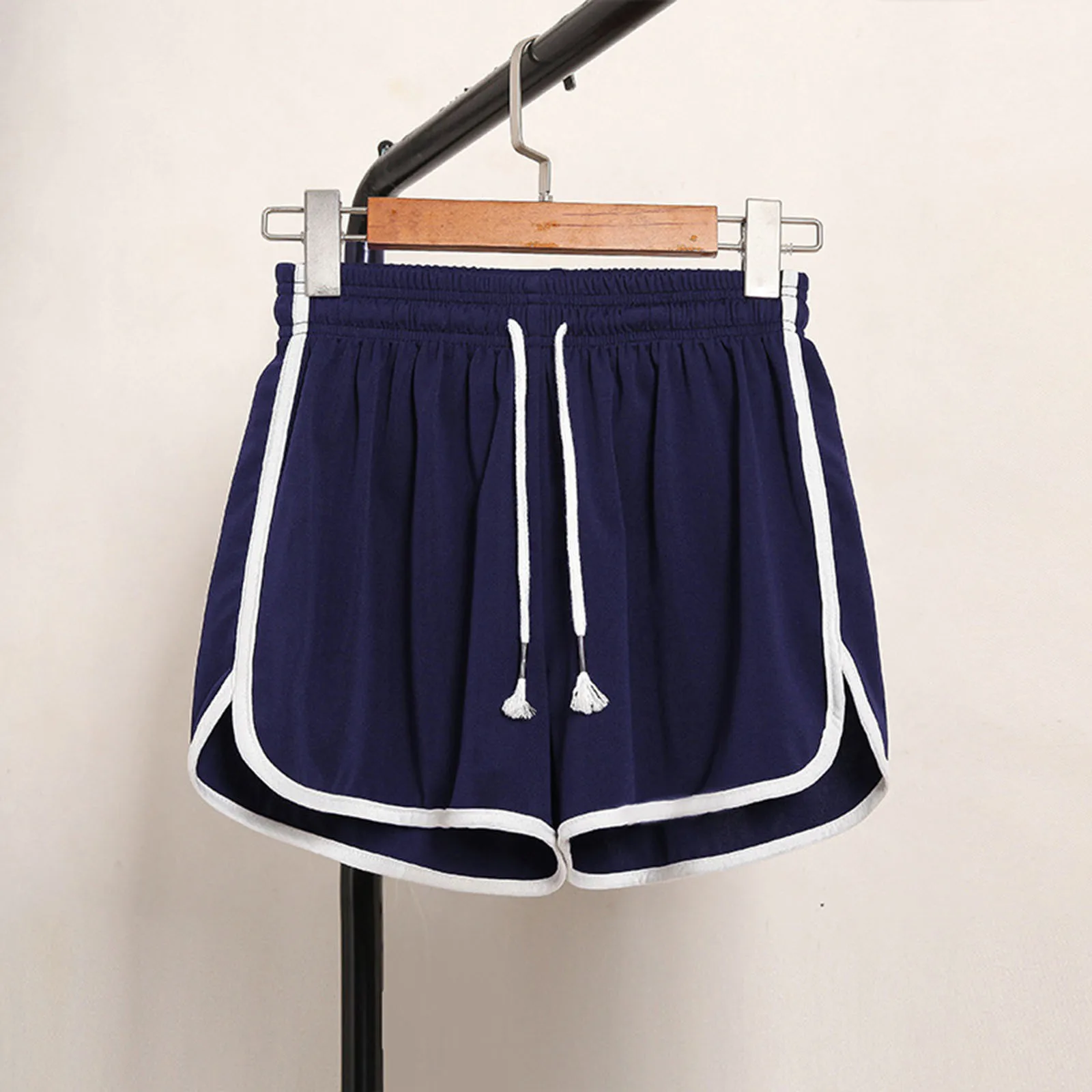 Shorts soltos com cordão feminino, bloqueio de cores, renda, elástico na cintura, bolso, confortável, casual, feminino, tamanho grande, verão