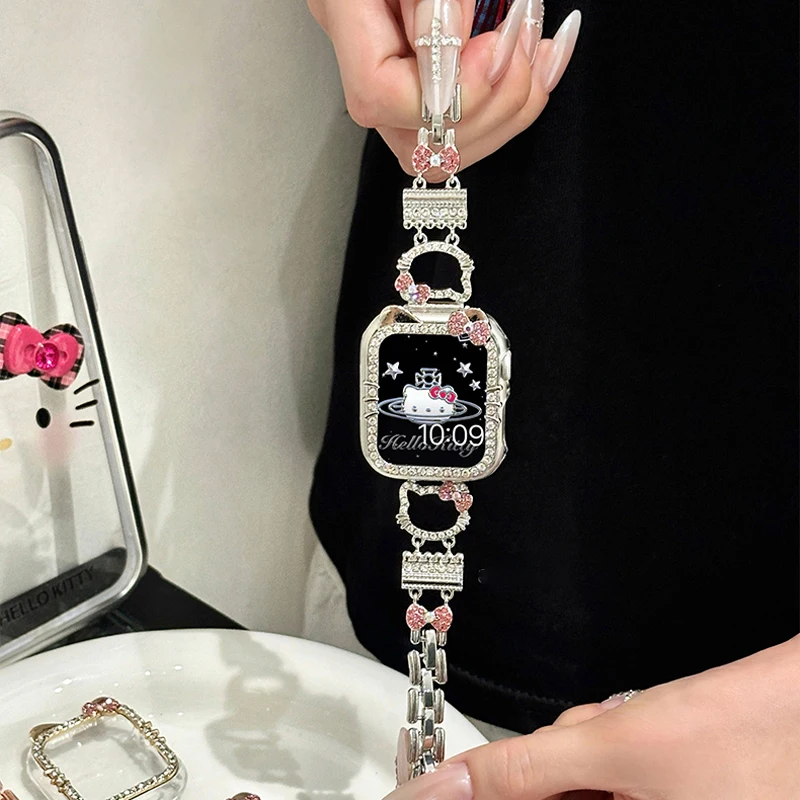 

Kawaii Hello Kitty Apple ремешок для часов аниме Sanrio инкрустированный стразы набор аксессуаров милые женские запястья ювелирные изделия Y2K подарки для девочек