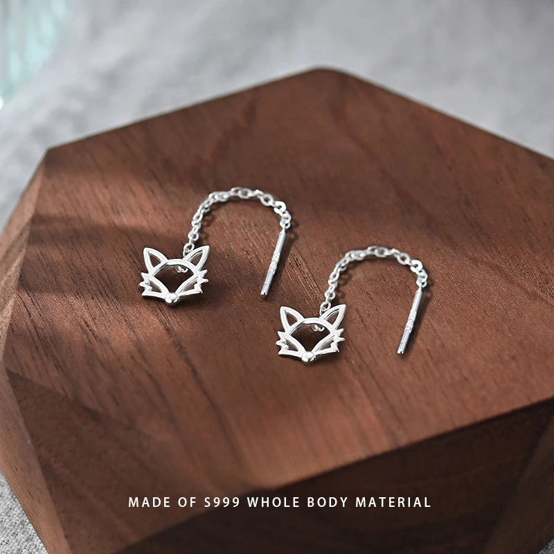 999 Fine Silver Fox Threader Drop Earrings for Women – Cute Fresh Tassel Chain Design, Korean-Style Cartilage Piercing Jewelry