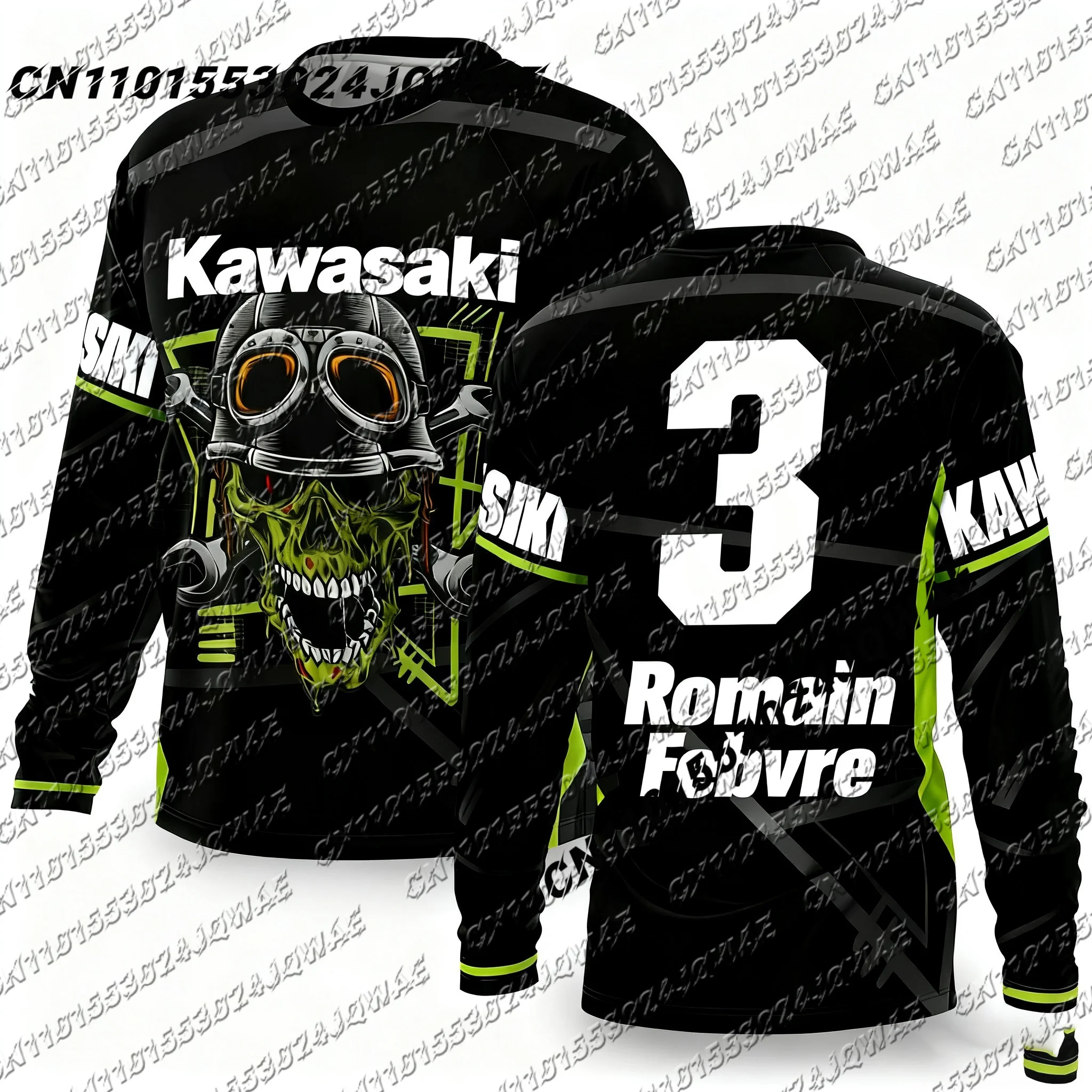 

Kawasaki Racing Driver Romain Febvre Skull Halloween Long SleevedJersey SuperMotocross Breathable Tee MenWomen Casual Sportswear