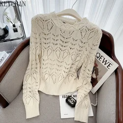 2023 Spring New Hollow Out Pullover Sweater Women's Casual Loose O-Neck Long Sleeve Short Knitwear Tops Jumper Sueter Mujer Pull