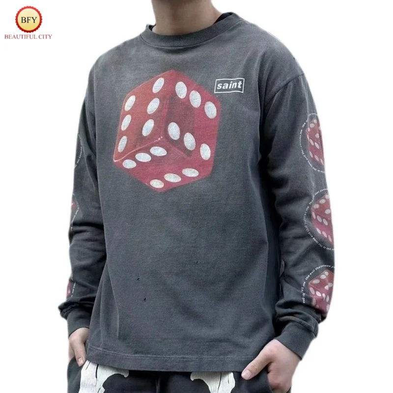 

Classic SAINT Men's Vintage High Street Oversized Grey Distressed Washed Dice Pattern VTG Long-Sleeved T-Shirt