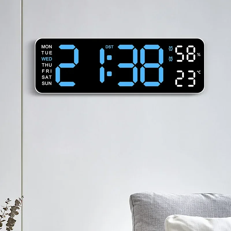 

Large Digital Wall Clock Temperature and Humidity Week Display Brightness Adjustable Electronic LED Table Alarm Clock 12/24H