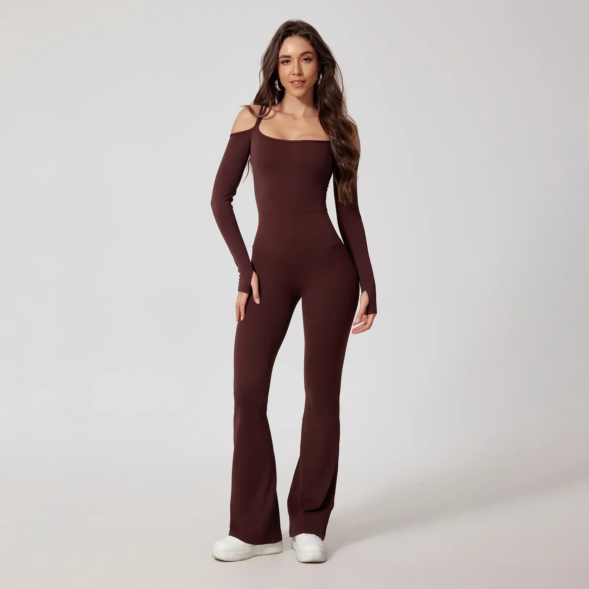 Seamless Yoga Jumpsuits Sports Fitness High Waist Hip Raise Long-Sleeved Flared Pants Suit Workout Gym Leggings Set for Women image 5