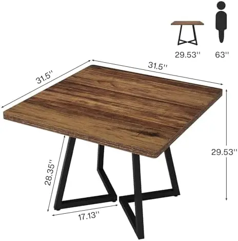31.5" Square Conference Table, Industrial Office Meeting Table for 4 People, Business Podcast Furniture with Metal Base view 2