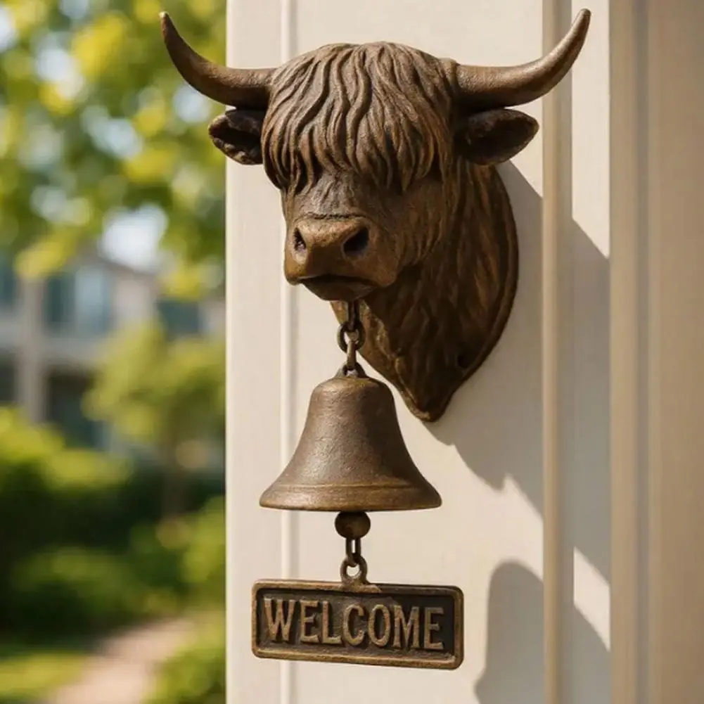 Backyard Gate Bell Highland Cow Head Doorbell with Welcome Sign Rustic Resin Hanging Bell Decor 3d Western Farmhouse Entryway