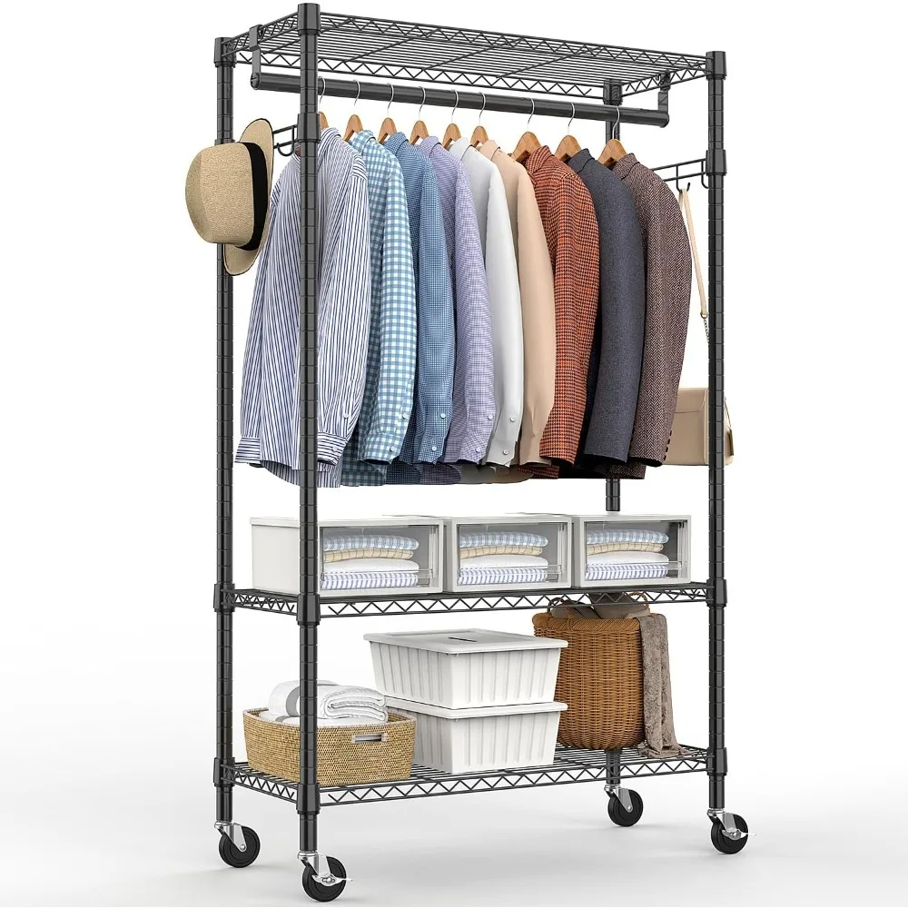 

Heavy Duty Rolling Garment Rack 3 Tier Adjustable Wire Shelving Storage Closet with Wheels Hanging Rods Side Hooks Black