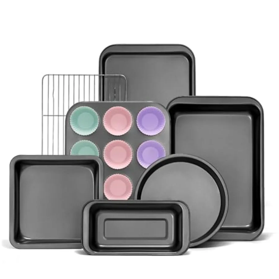 

Compact Baking Pans Sets, Nonstick Bakeware Sets 19-Piece with Round/Square Cake Pan, Loaf Pan, Muffin Pan, Cookie Sheet, Roast