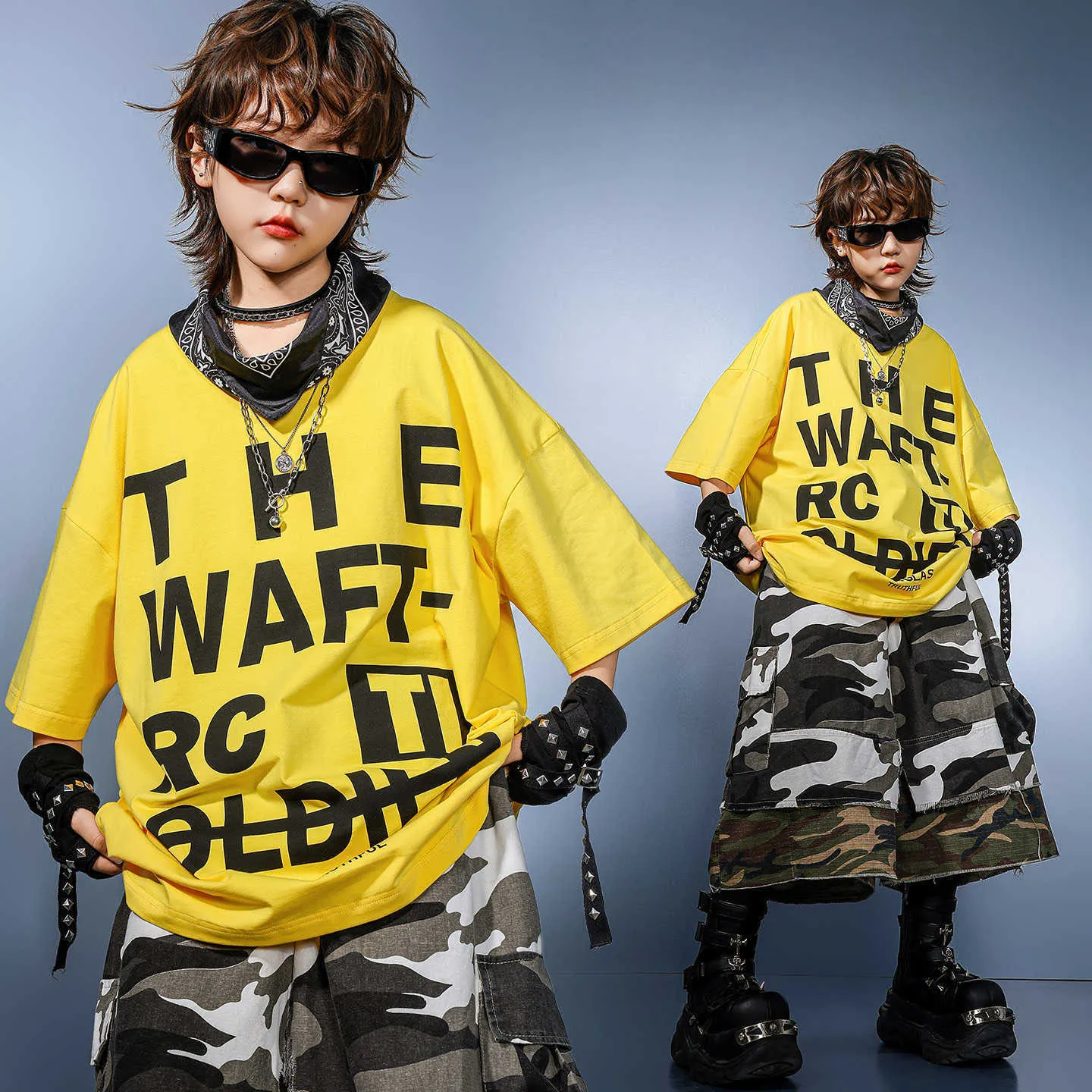 

Kid Kpop Hip Hop Clothing Yellow Letters T Shirt Color Block Camo Cargo Shorts Middle Pants for Girls Boy Dance Costumes Clothes