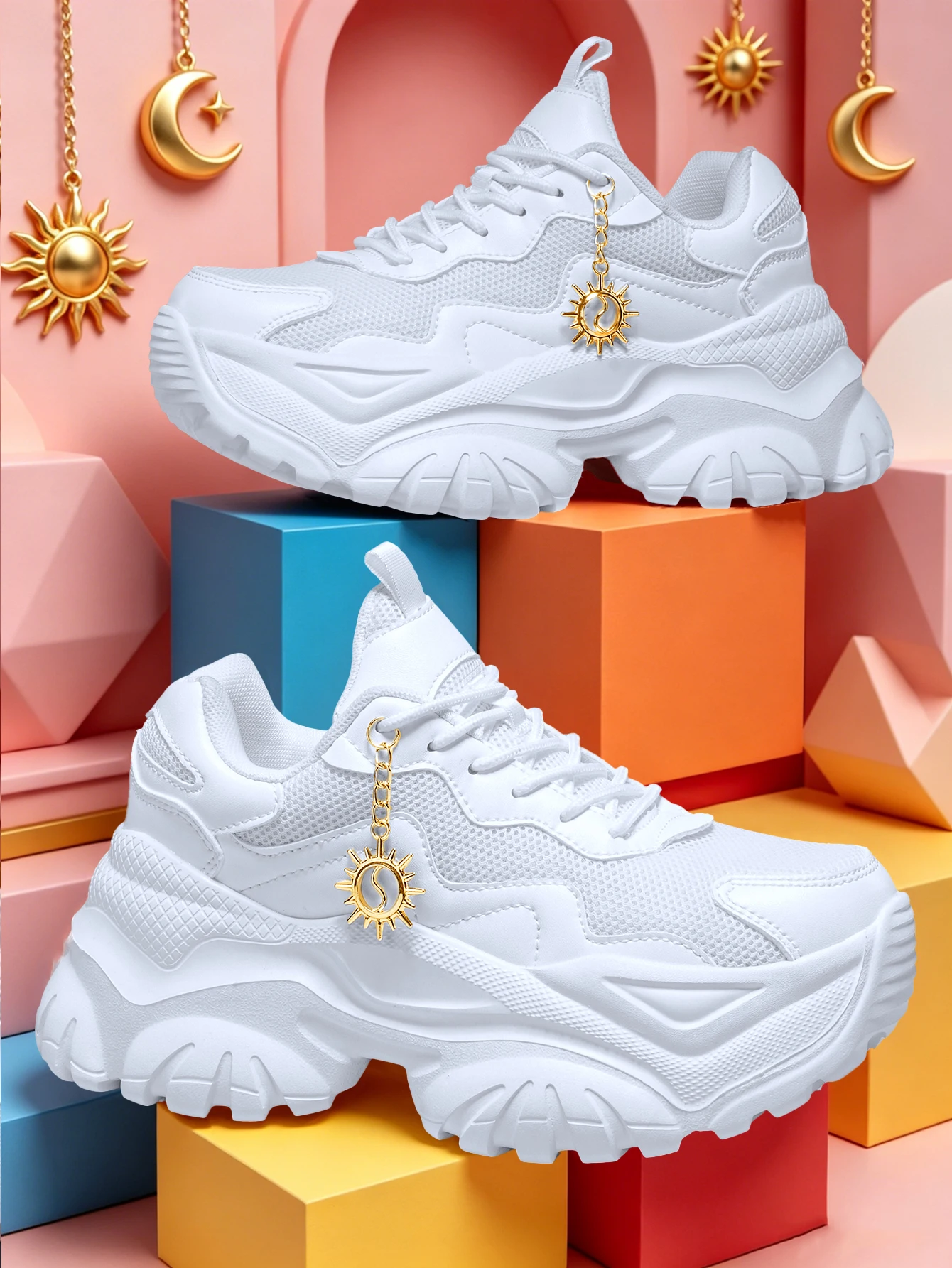 Women's 7cm Height-Increasing Fashion Casual Dad Shoes with 3D Sunflower Design, Gold Shiny Chain Decoration, Shoe Charms, Women's Sports Shoes, Outdoor All-Season Eva Thick-Soled High-Heeled Shoes, Lightweight Soft-Soled Non-Slip Running Shoes, Summer Breathable Quick-Dry Fabric Mesh Round-Toe Easy-To-Tie Pink Large-Size Shoes, Sweet Cool Style for Everyday Home Wear, Dating, Fitness, Work, Multi-Scenario Office Shoes, Women's Versatile Trendy Shoes
