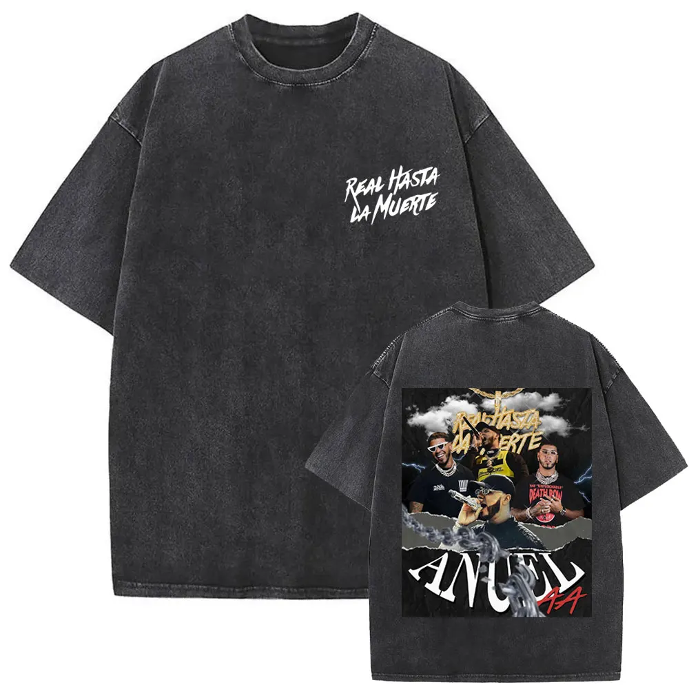 Washed Vintage Rapper Anuel AA Music Album Cover Graphic T Shirt Men Women Hip Hop Oversized T-shirt Fashion Crewneck T-shirts