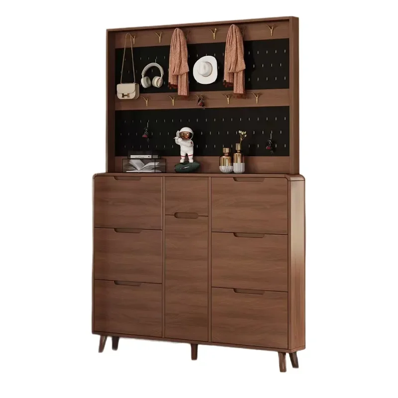 Ultra Thin Solid Wood Entryway Shoe Cabinet with Wall Mounted Coat Hooks Tipping Bucket Storage Rack for Hallway Home