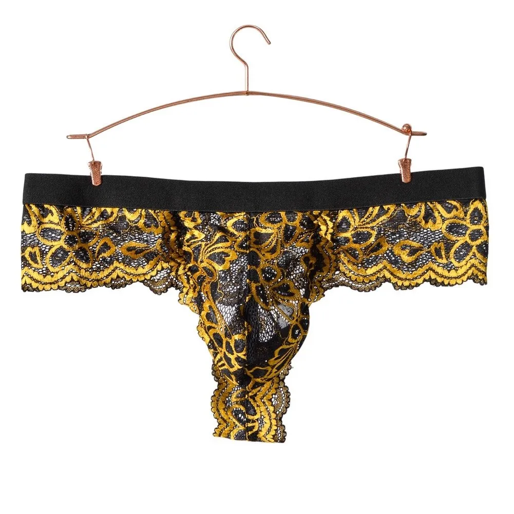 1pc Men Floral Lace Hollow Out Briefs Sexy See Through Underwear Bulge Pouch Printing G-string Sissy Panties Breathable