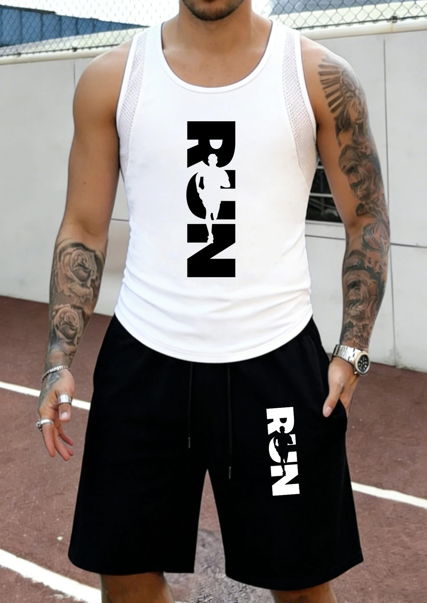 

Run Creative Word Printed Mesh Summer Loose Short Suits Male Basic Simple Vest All-Match Street Sportpants Beach Swimming Trunks