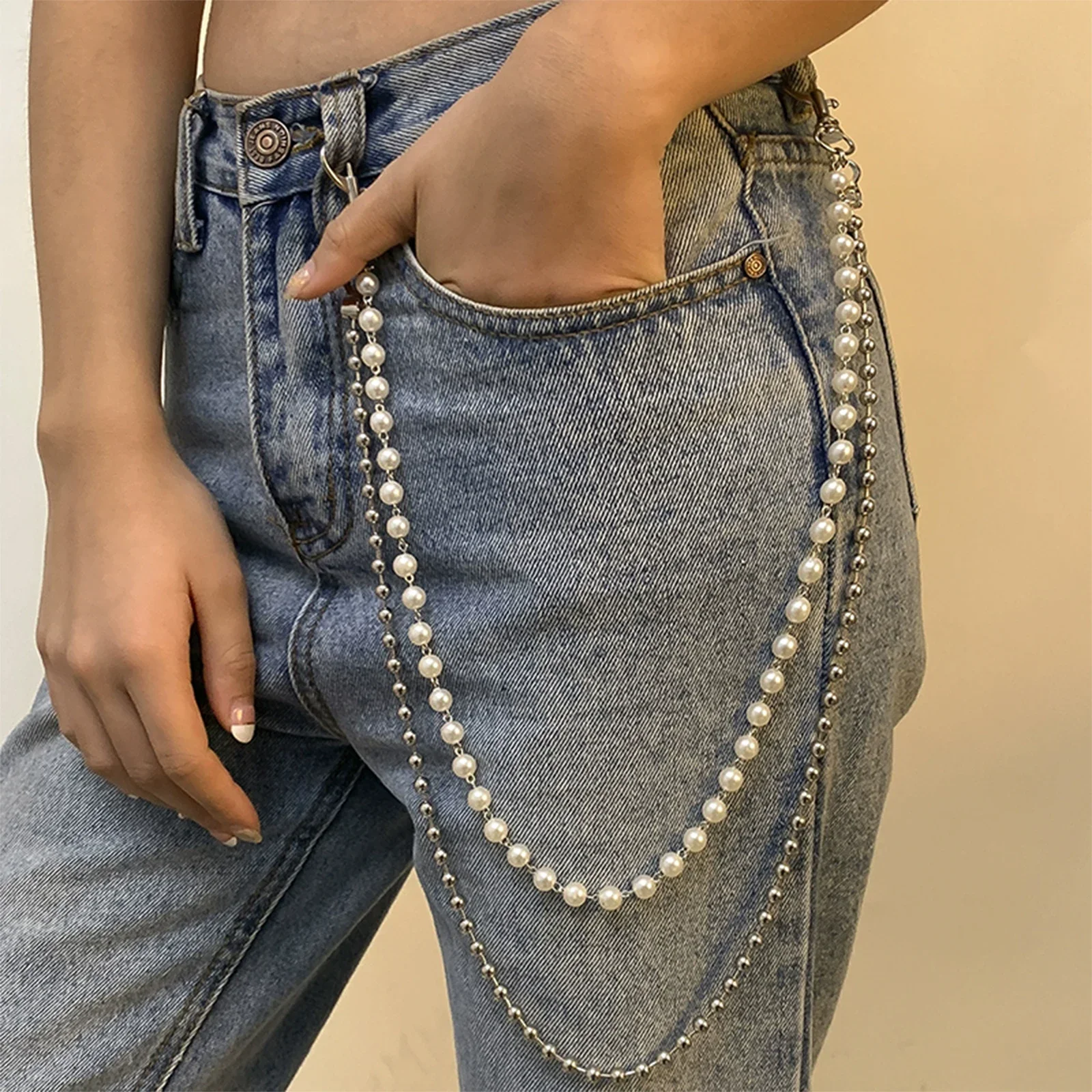Rantai Pinggang Sederhana untuk Wanita Temperamen Mutiara Manik-manik Rantai Pinggang Berbentuk U Aksesori Rantai Jeans Kepribadian Rock Hip Hop