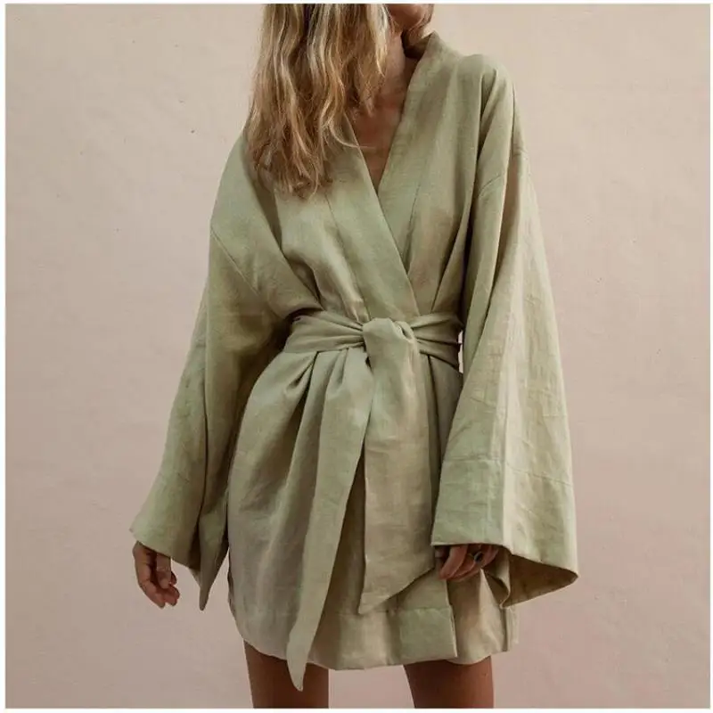 

Women's Elegant Solid Cotton Linen Robe Long Sleeve Belt For Casual And Formal Occasions Bathrobe Simple Japan Style Kimono