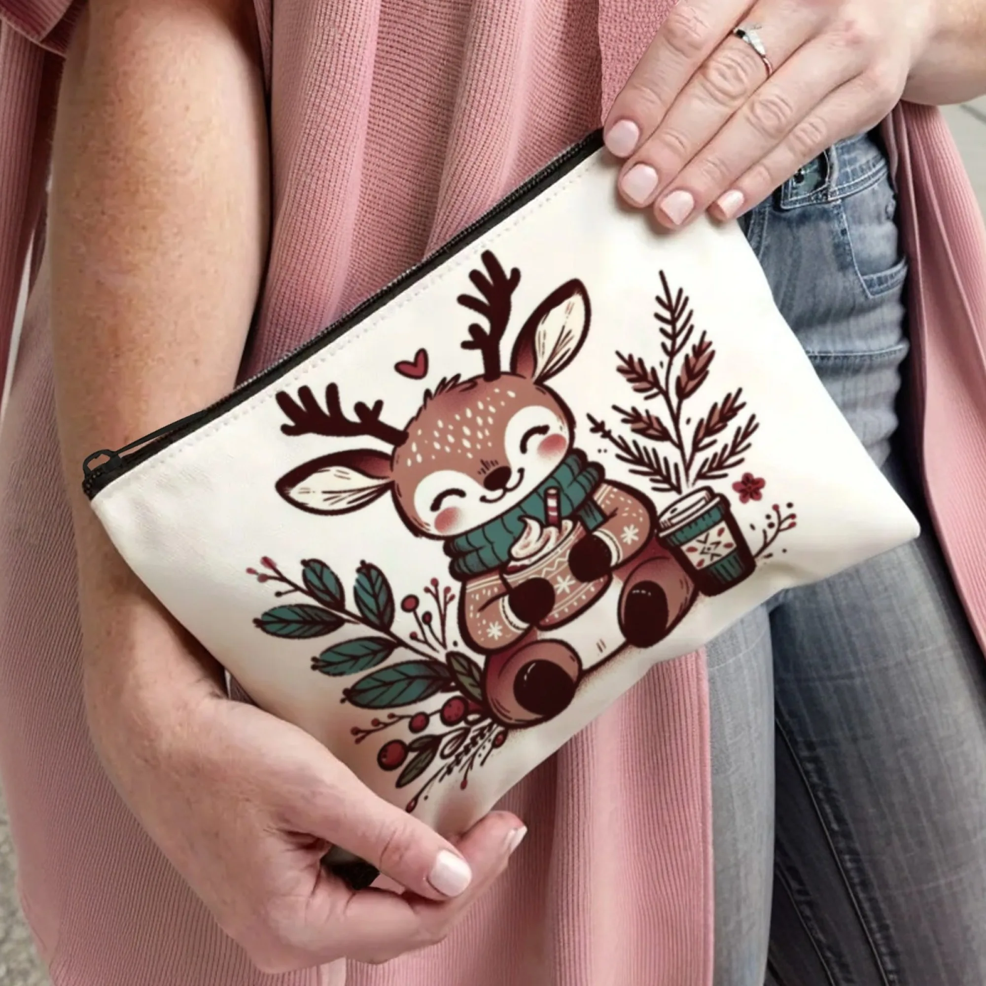 حقيبة مكياج شتوية لطيفة على شكل غزال، سترة مريحة مطبوعة بسحاب، حقيبة خفيفة الوزن للسفر، منظم مستحضرات التجميل، حقيبة أدوات الزينة الحيوانية الرائعة