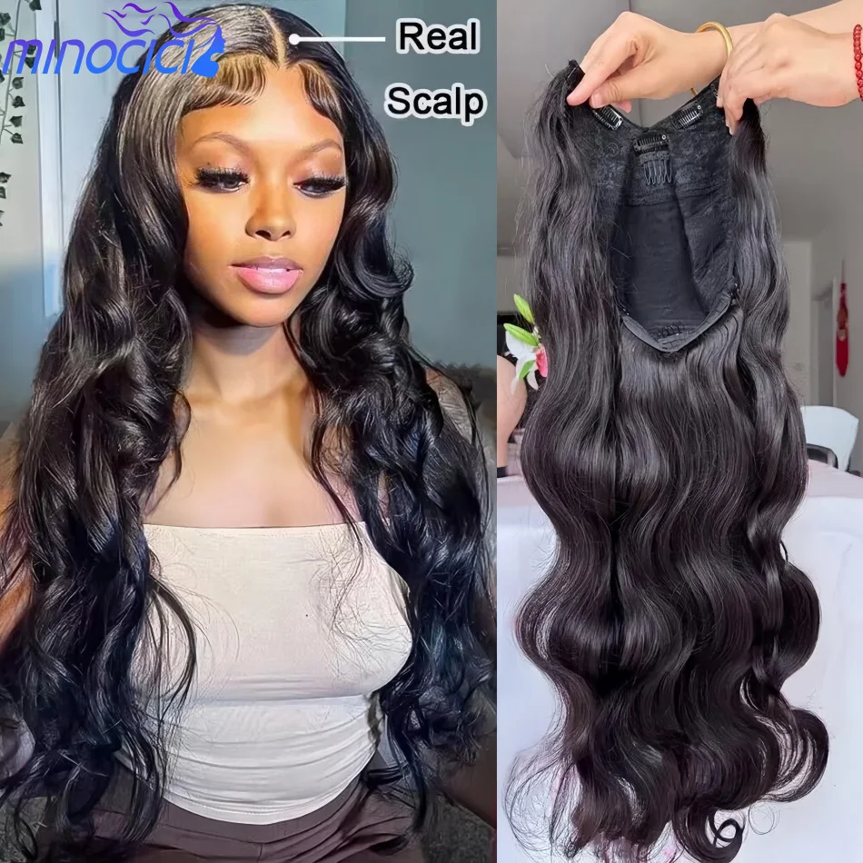 

Парики из натуральных волос с V-образной частью, 100% бразильские объемные волны, парики из натуральных волос без следов, без шитья, бесклеевые, плотность 250, натуральный черный для женщин