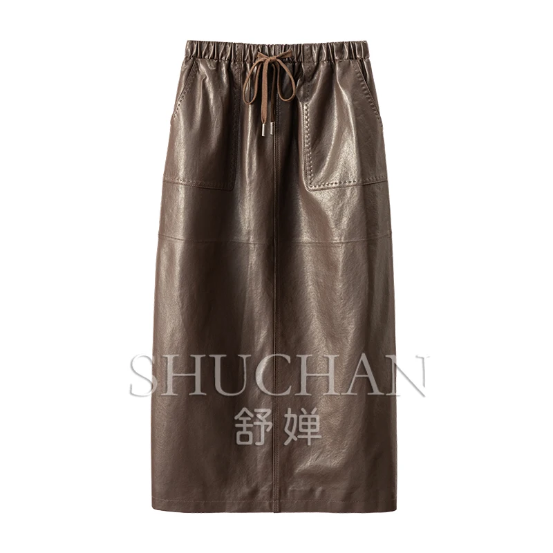 Sheepskin Elastic Waist A Character Rear Split Skirt Women 99A4 Faldas Mujer Moda 2025 Long Skirts for Women