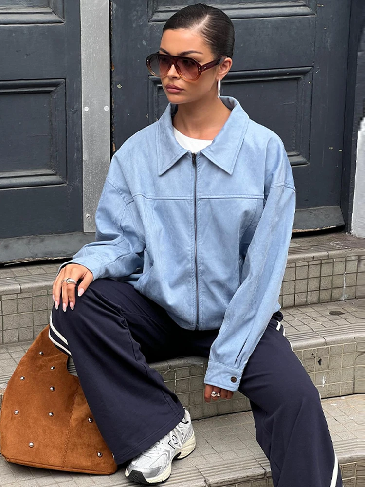

Lapel Long Sleeves Zipper Jacket Woman Straight Solid Color Casual Autumn Winter Coats Retro Street Fashion Women's New Jackets