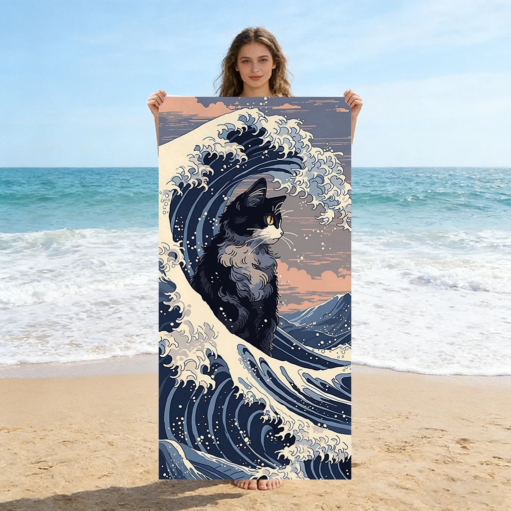 Japanisches Ukiyo-e Strandtuch mit schwarzer Katze und Wellen, großes Strandtuch, super saugfähig, geeignet für Strand, Pool, Sommer, Geschenk für Freunde