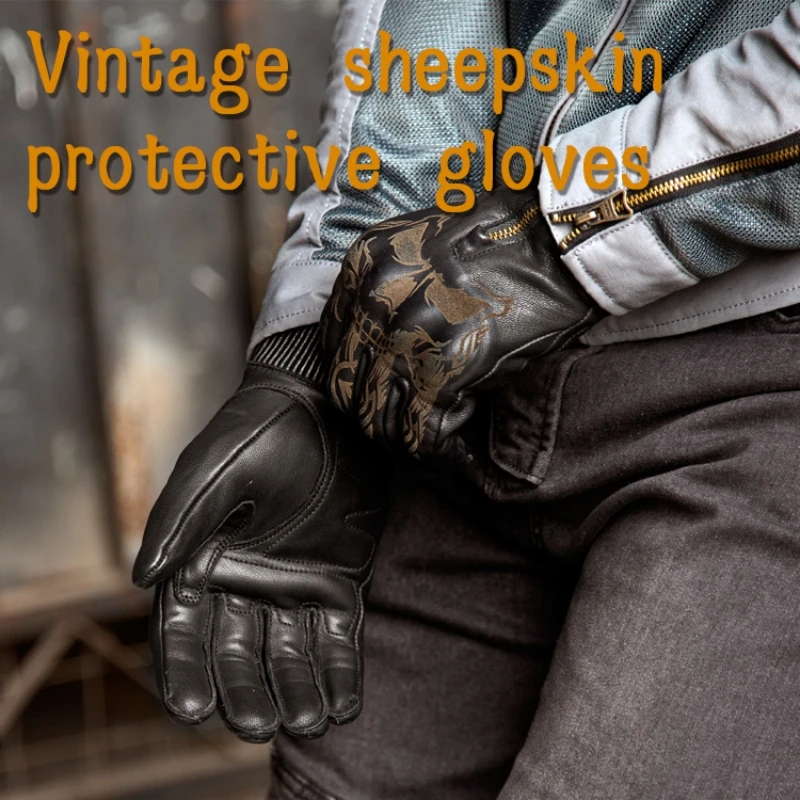 

SFK Retro Motorcycle Gloves Genuine Goat Leather Wear-resisting PVC Hard Shell Protection Full Finger Riding Gears Accessories