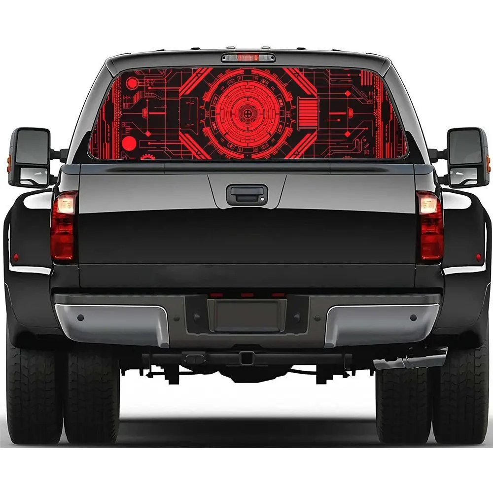 

Futuristic Red Circuitry Car Accessories Rear Windshield Sticker, Truck Window See Through Perforated Window Car Vinyl Wraps Dec