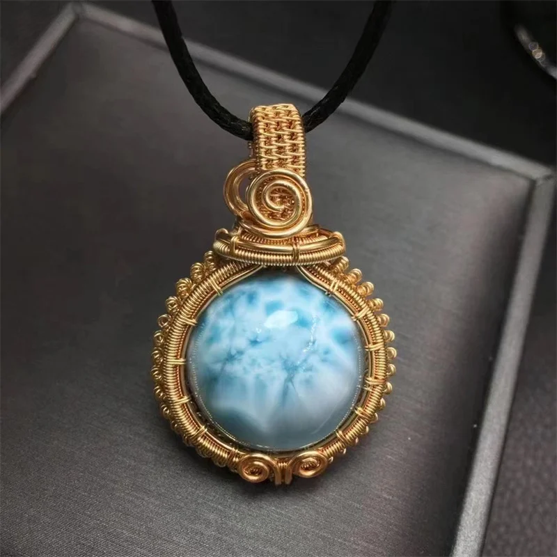 Natural Copper Wire Wrapped Larimar Pendant Necklace Women Trendy irregularity Chain  Jewelry Gift 1PCS