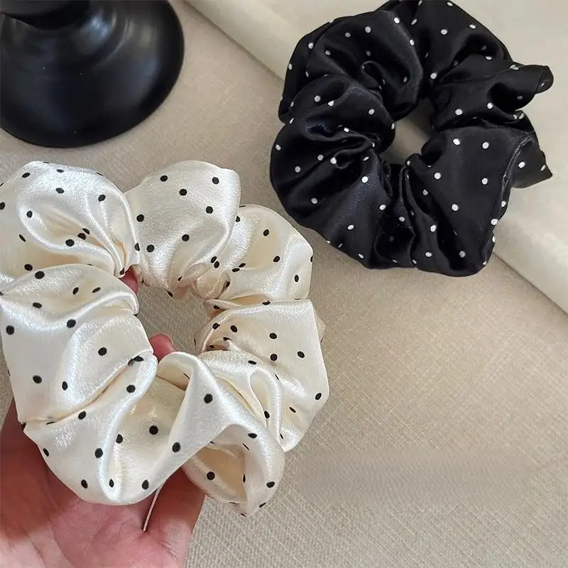 Neue Polka Dot Scrunchies in Schwarz und Weiß, große Haarbänder für Damen, elegante Haarseile, Pferdeschwanzhalter, Kopfbedeckung – Detail 1