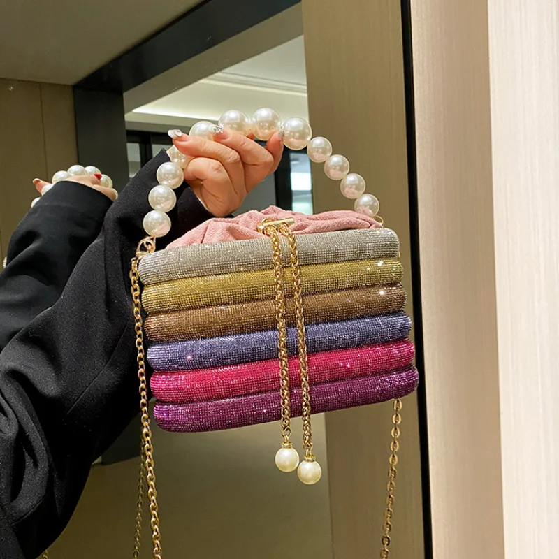 Bolsa de Ombro Diamante Brilhante para Mulheres, Bolsa Designer de Luxo, Alta Qualidade, Corrente Pérola, Moda Festa Noite, Nova, 2023