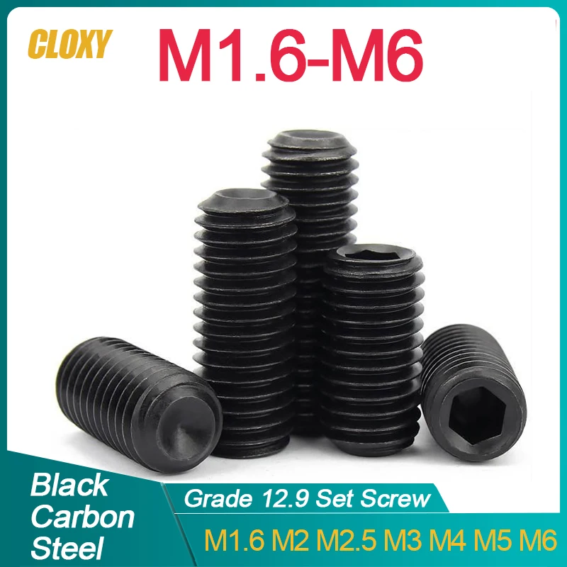 

100/ /50 /20 /10pcs M1.6 M2 M2.5 M3 M4 M5 M6 DIN916 Grade 12.9 Black Plated Carbon SteelHex Socket Set Screws Grub Screw