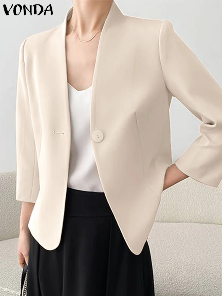 

Elegant Coats Women Office Blazer 2023 VONDA Summer Fashion Sexy V Neck Casual Solid Color Coats Female Coat Streetwear